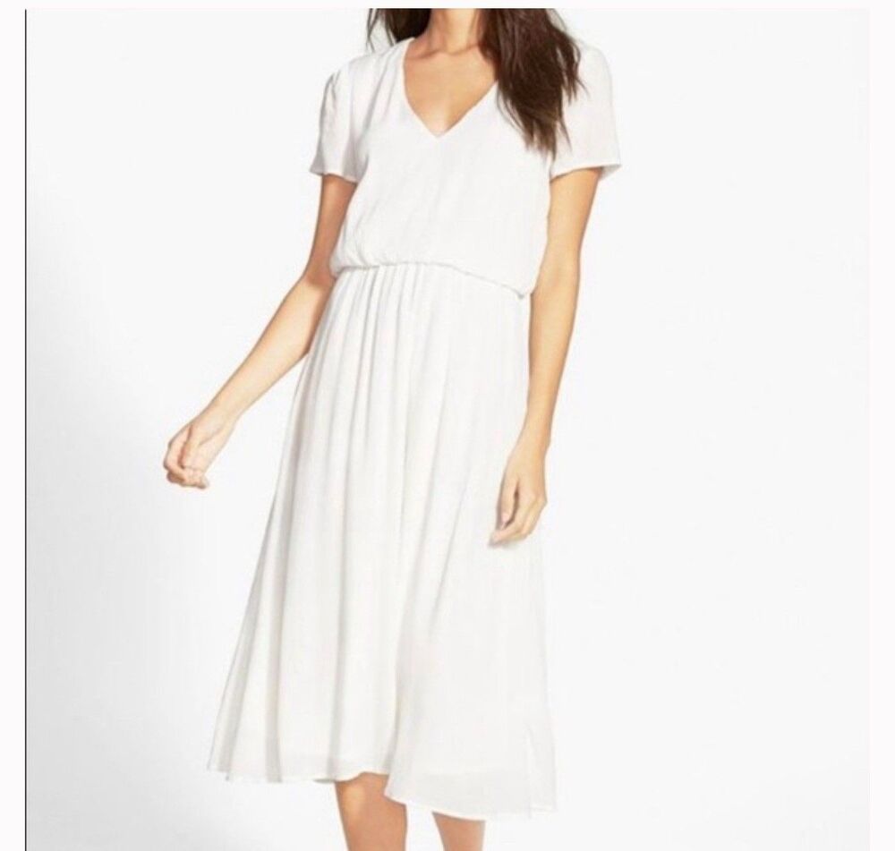 Wayf  Women’s Short Sleeve Blouson Midi Dress in White Size L NWT